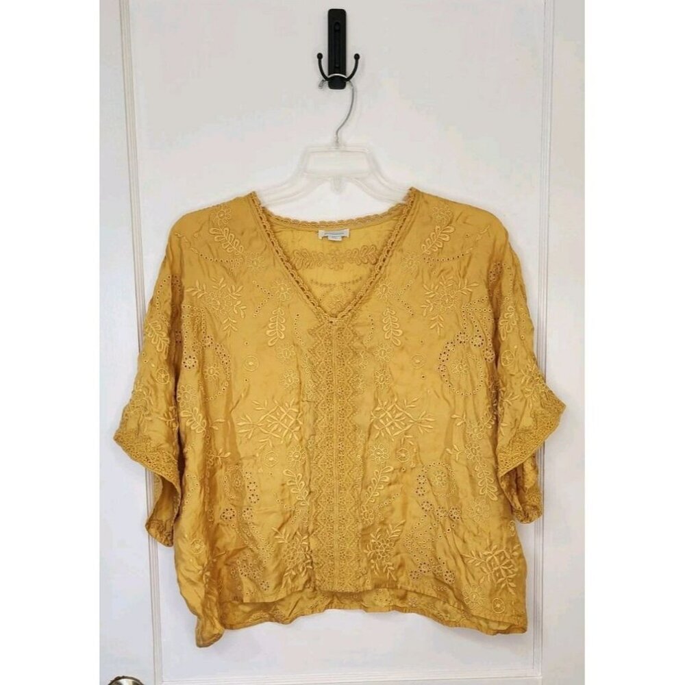 Sundance Mustard Yellow Embroidered V-Neck Blouse